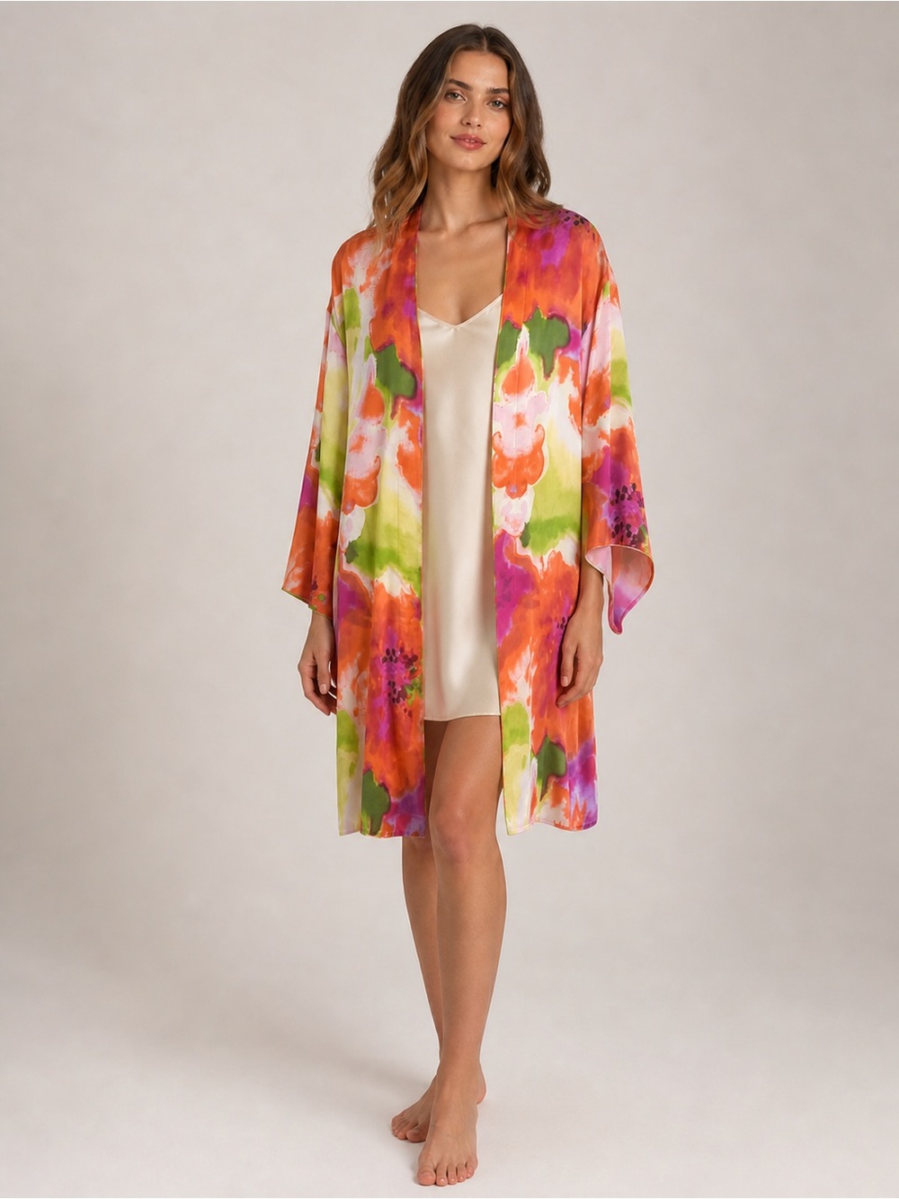 Natori Silk Watercolor Floral Kimono Robe in Orange & Pink size S